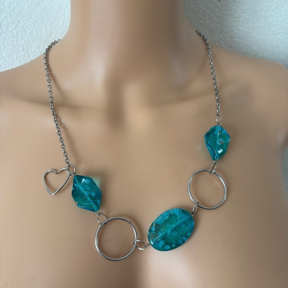 Vintage Y2K chunky acrylic turquoise blue necklace silver chain statement